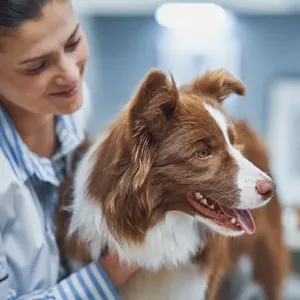 Vet treating brown and white dog